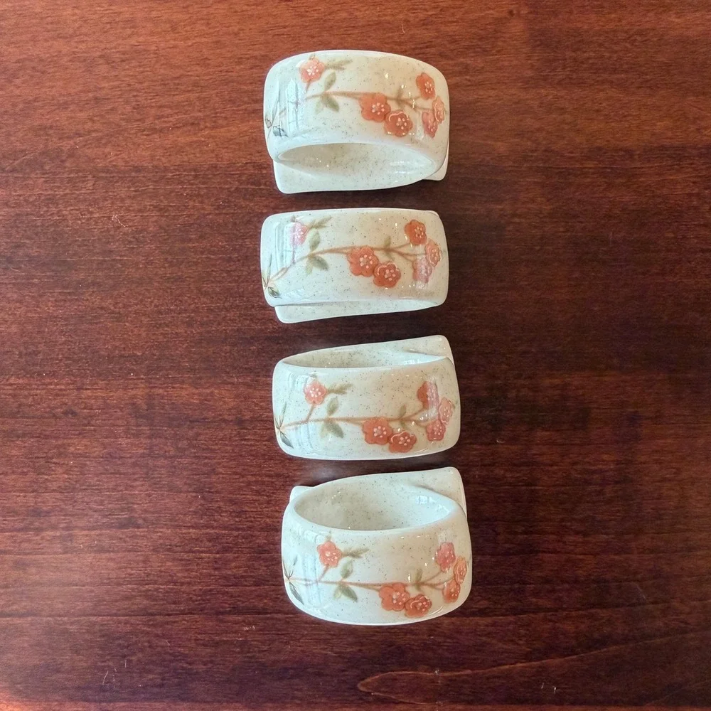 Vintage Mikasa Ceramic Napkin Rings Set of 4 Speckled Floral Peach Blossom